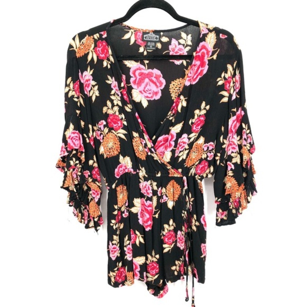ANGIE Ruffled Half Sleeve Faux Wrap Elastic Waist Skort Romper Black Floral M